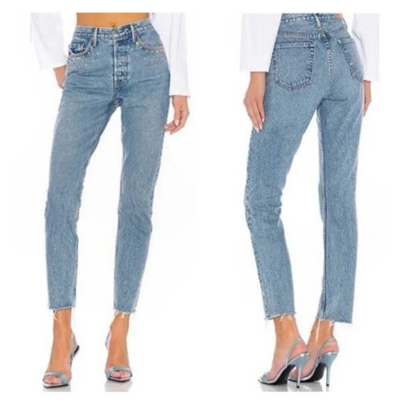 GRLFRND Karolina Glamrock Jeans Women 27 Light Wash Rhinestone Studded High Rise - Picture 1 of 16